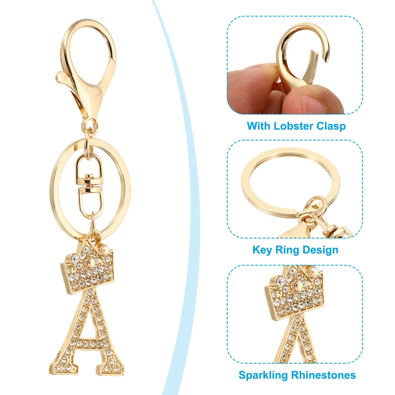 Initial Letter Keychain, 2 Pcs Letter A Crown Design Charm, Gold/Silver