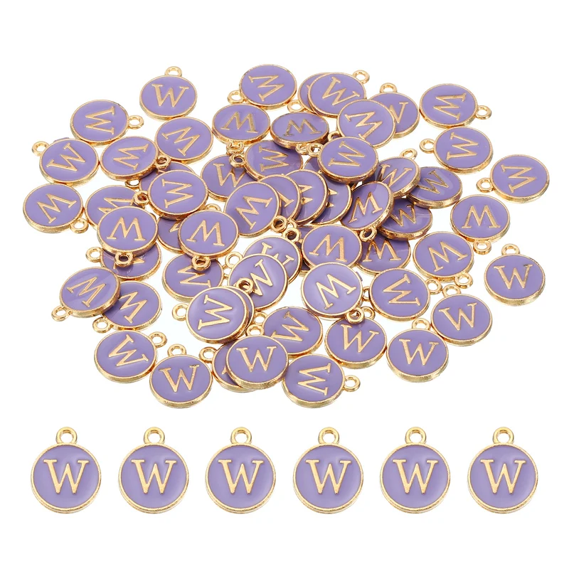 Letter Charm W, 60Pcs Double Sided Alphabet Initial Charm Pendants Beads Purple