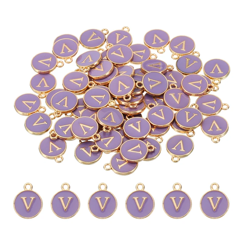 Letter Charm V, 60Pcs Double Sided Alphabet Initial Charm Pendants Beads Purple