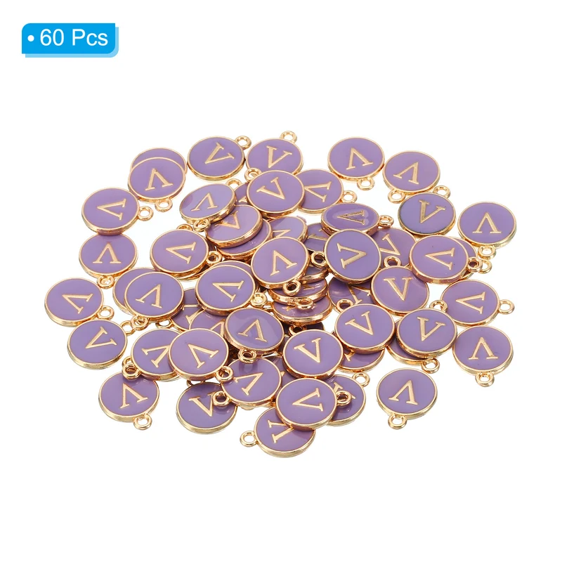 Letter Charm V, 60Pcs Double Sided Alphabet Initial Charm Pendants Beads Purple