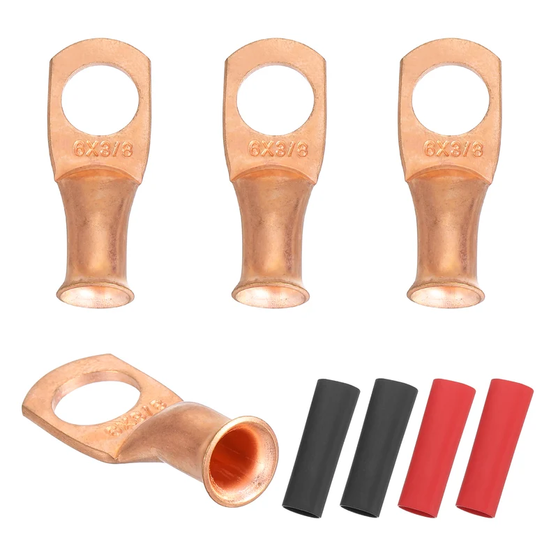 4 Pcs 3/8" Stud 6AWG Battery Cable End with 4pcs 2:1 Heat Shrink, Gold