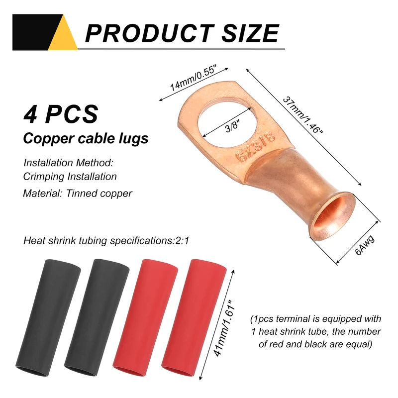 4 Pcs 3/8" Stud 6AWG Battery Cable End with 4pcs 2:1 Heat Shrink, Gold