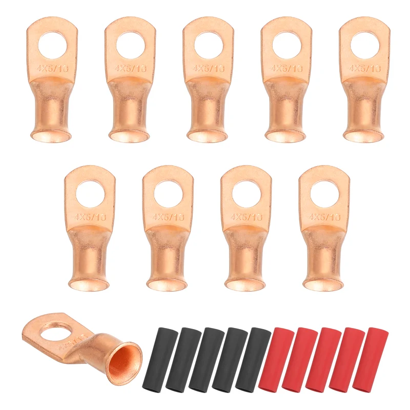 10 Pcs 5/16" Stud 4AWG Battery Cable End with 10pcs 2:1 Heat Shrink, Gold