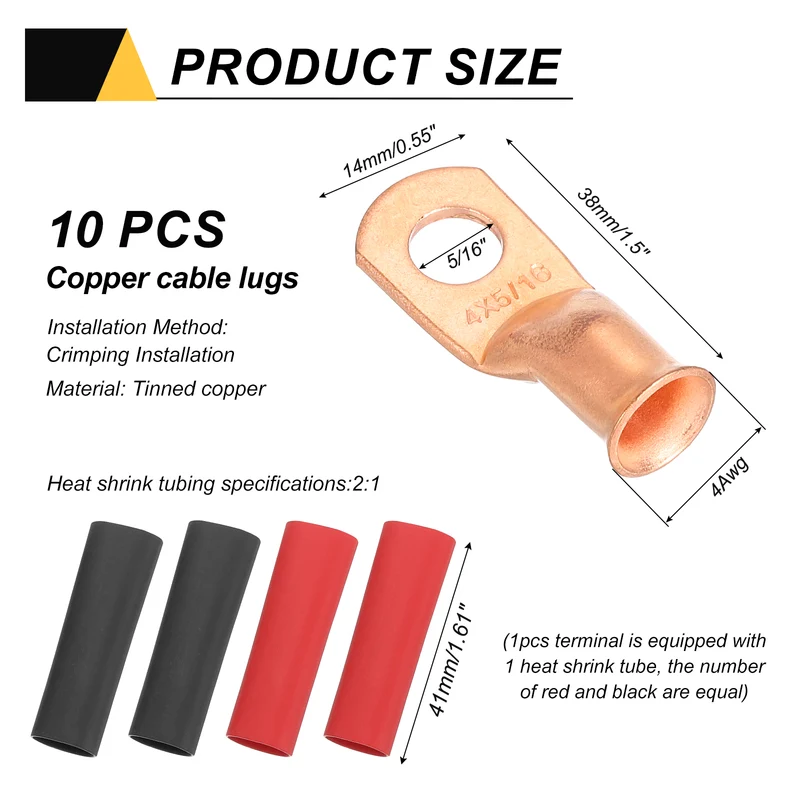 10 Pcs 5/16" Stud 4AWG Battery Cable End with 10pcs 2:1 Heat Shrink, Gold