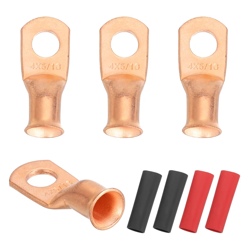 4 Pcs 5/16" Stud 4AWG Battery Cable End with 4pcs 2:1 Heat Shrink, Gold