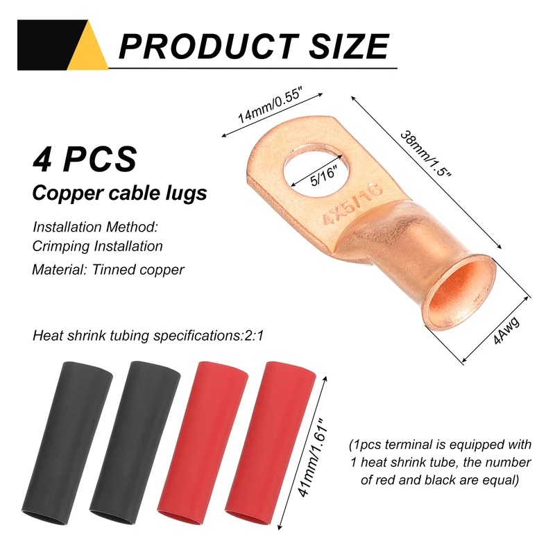 4 Pcs 5/16" Stud 4AWG Battery Cable End with 4pcs 2:1 Heat Shrink, Gold