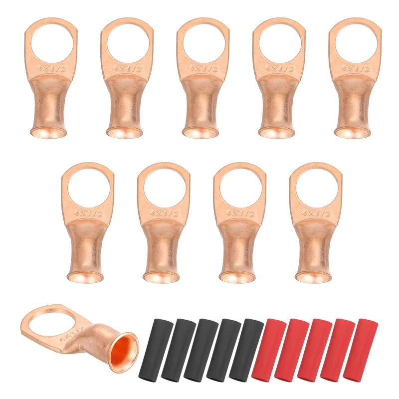 10 Pcs 1/2" Stud 4AWG Battery Cable End with 10pcs 2:1 Heat Shrink, Gold