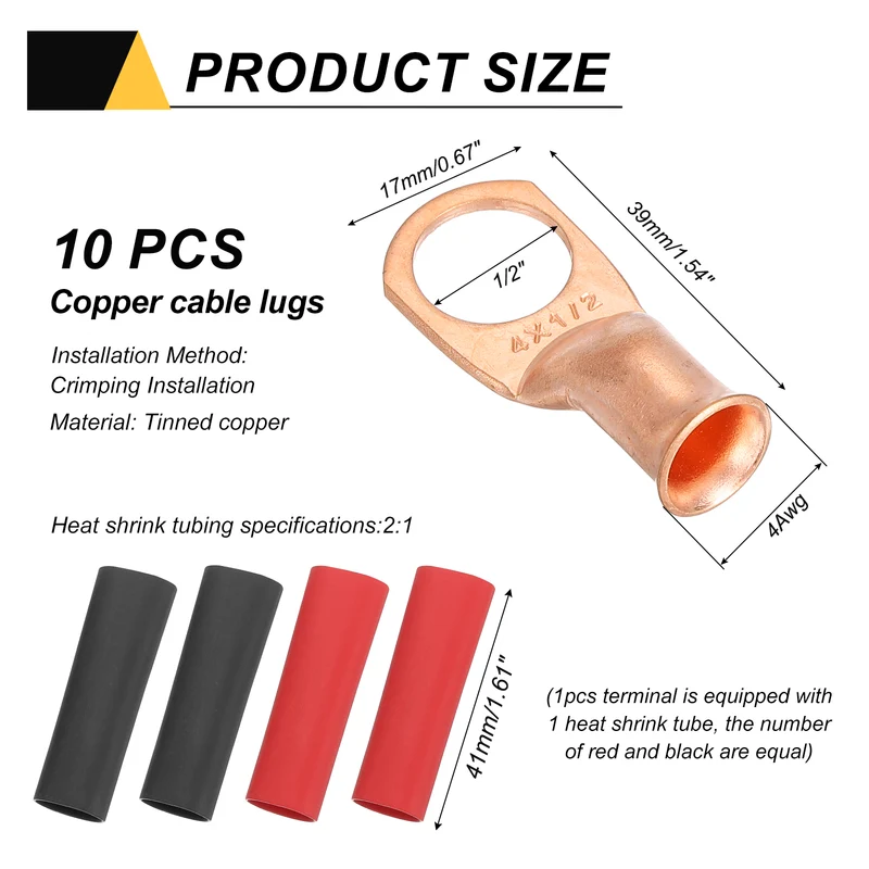 10 Pcs 1/2" Stud 4AWG Battery Cable End with 10pcs 2:1 Heat Shrink, Gold