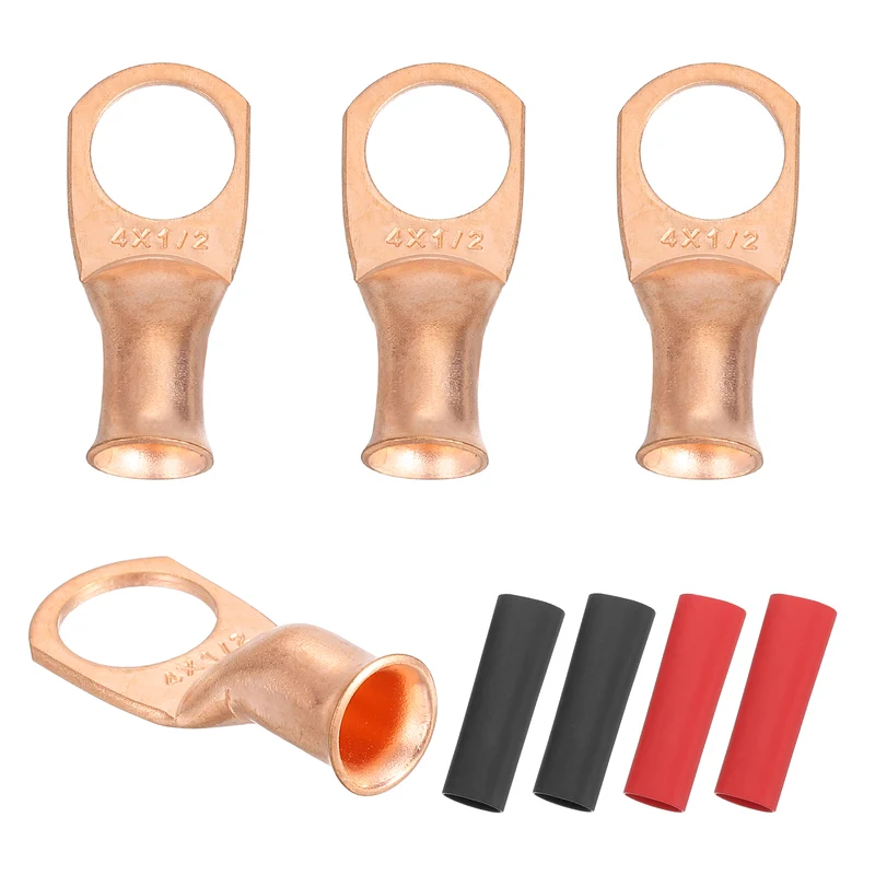 4 Pcs 1/2" Stud 4AWG Battery Cable End with 4pcs 2:1 Heat Shrink, Gold