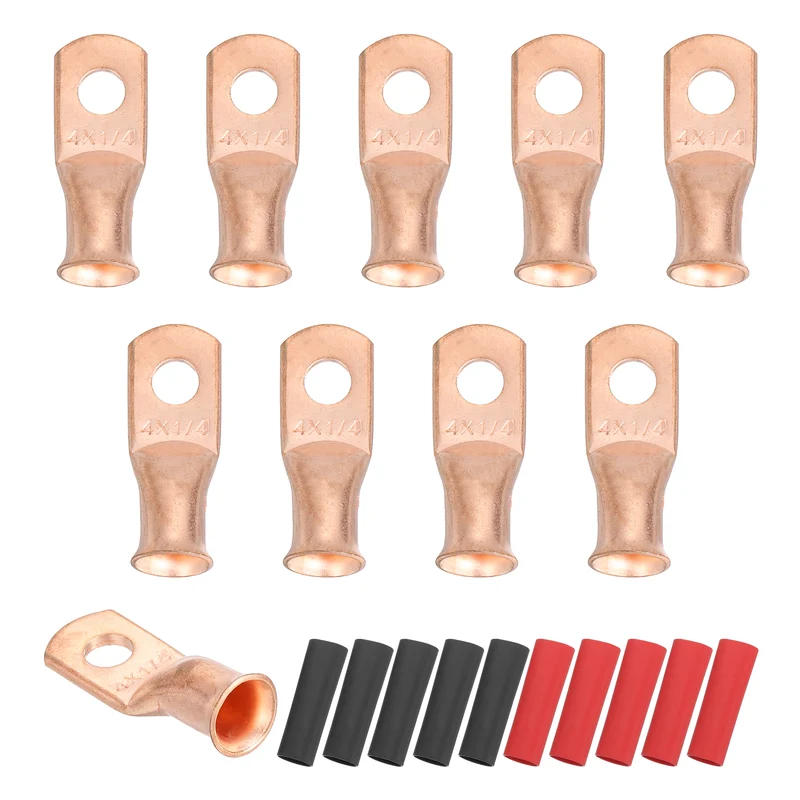 10 Pcs 1/4" Stud 4AWG Battery Cable End with 10pcs 2:1 Heat Shrink, Gold