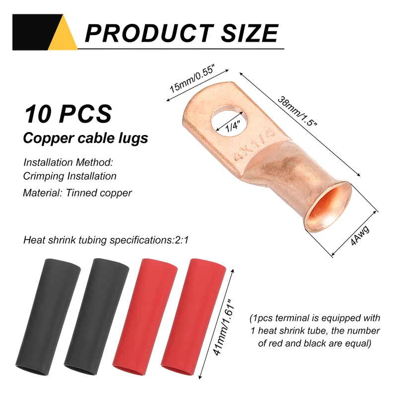 10 Pcs 1/4" Stud 4AWG Battery Cable End with 10pcs 2:1 Heat Shrink, Gold