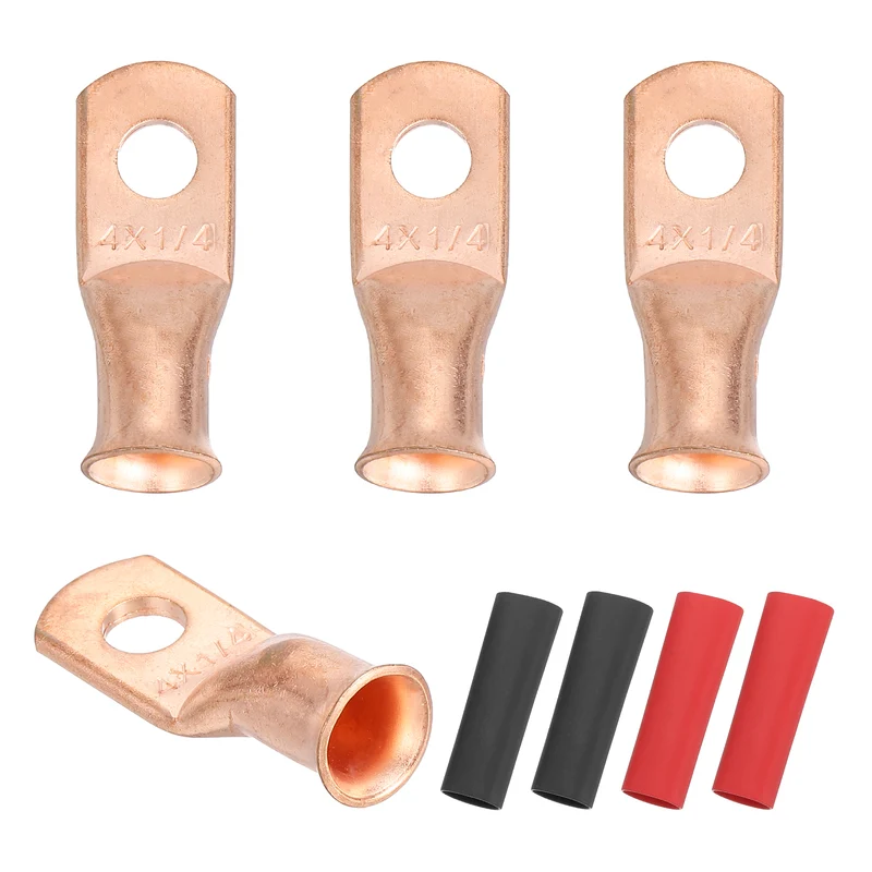 4 Pcs 1/4" Stud 4AWG Battery Cable End with 4pcs 2:1 Heat Shrink, Gold