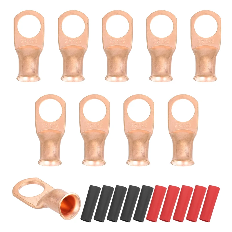 10 Pcs 1/2" Stud 2AWG Battery Cable End with 10pcs 2:1 Heat Shrink, Gold