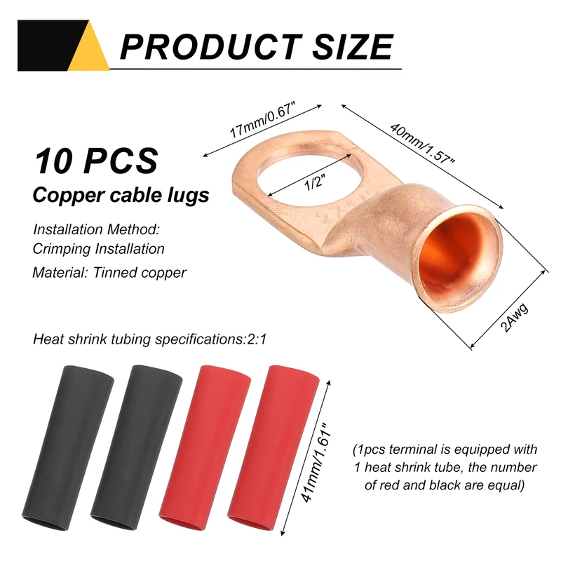 10 Pcs 1/2" Stud 2AWG Battery Cable End with 10pcs 2:1 Heat Shrink, Gold