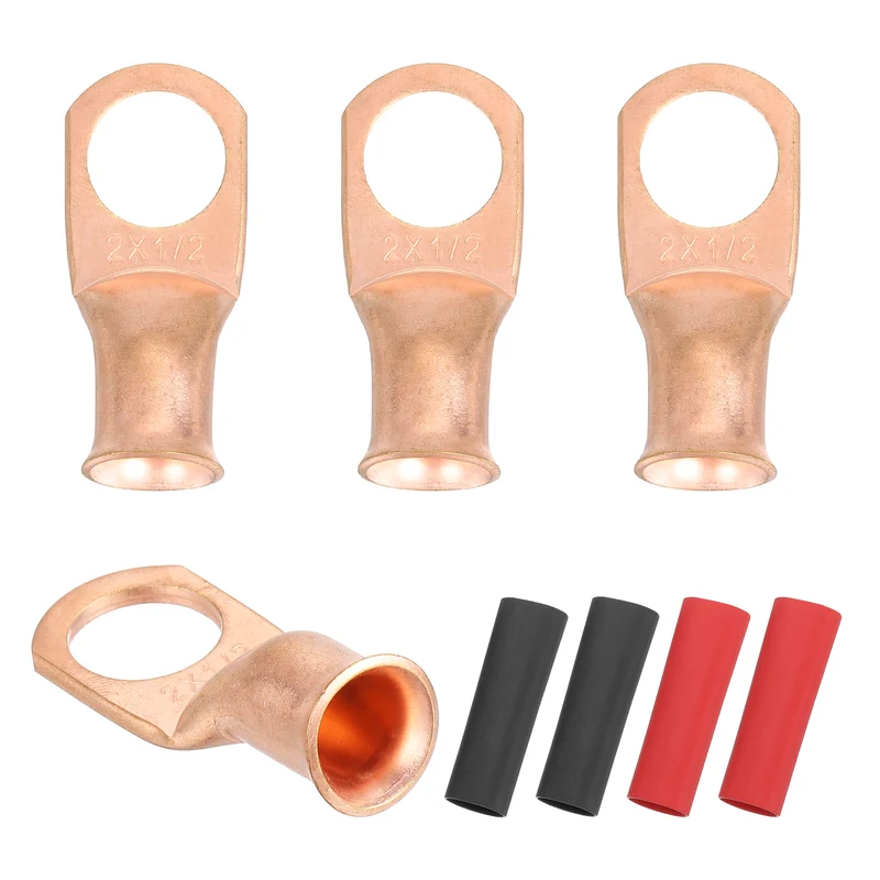 4 Pcs 1/2" Stud 2AWG Battery Cable End with 4pcs 2:1 Heat Shrink, Gold