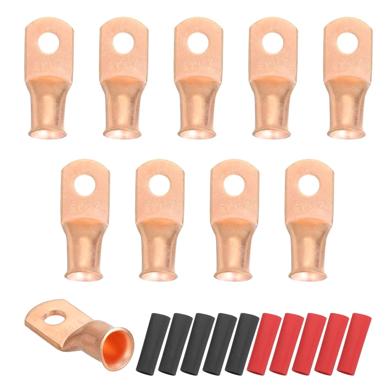 10 Pcs 1/4" Stud 2AWG Battery Cable End with 10pcs 2:1 Heat Shrink, Gold