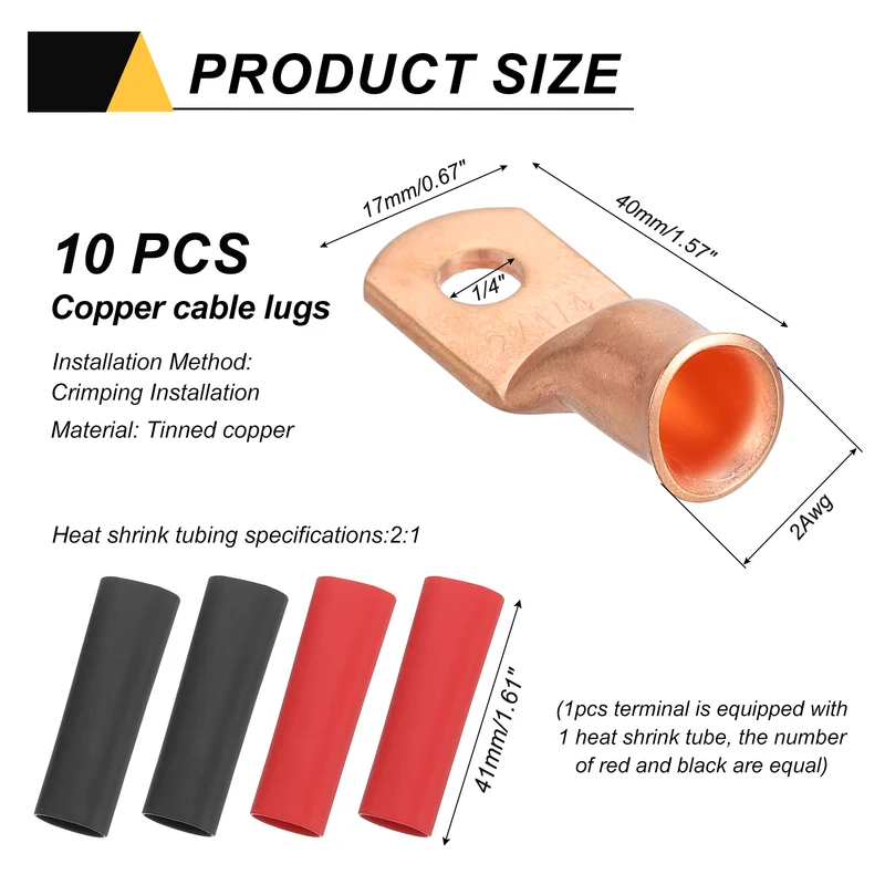 10 Pcs 1/4" Stud 2AWG Battery Cable End with 10pcs 2:1 Heat Shrink, Gold