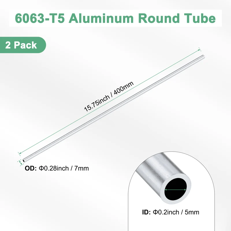 2-Pack 6063 Aluminum Round Tube, 5mmx7mm(IDxOD) 400mm Length Straight Tubing
