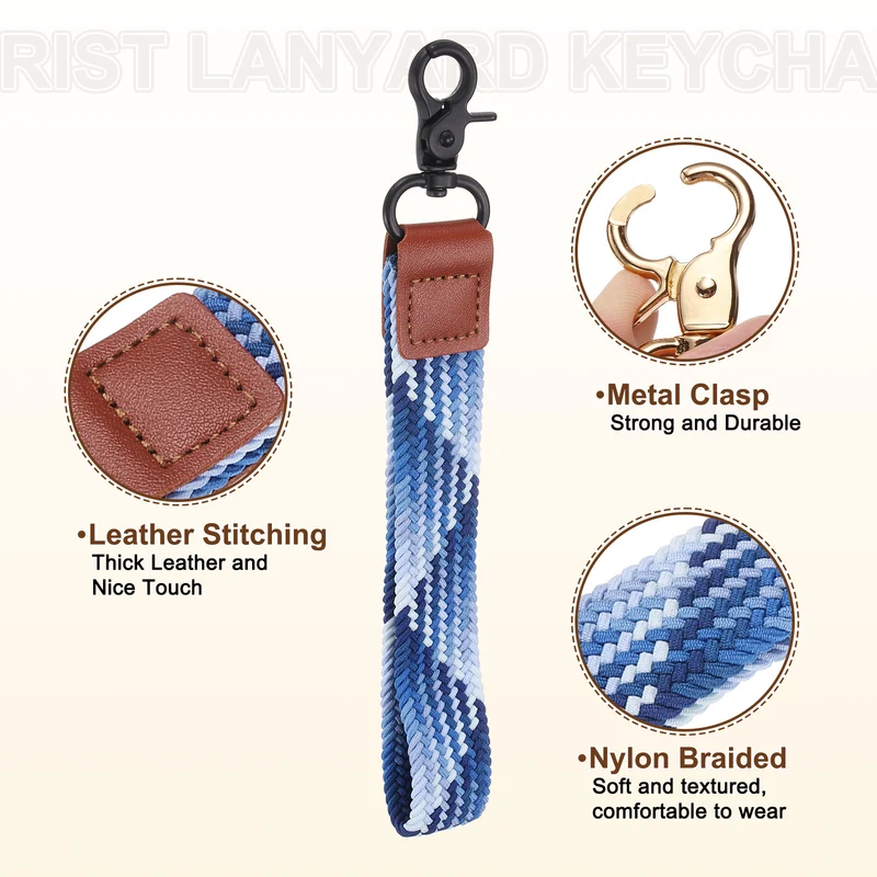 Wrist Lanyard Keychain, Braided Wristlet Strap with Black Clasp, Blueberry