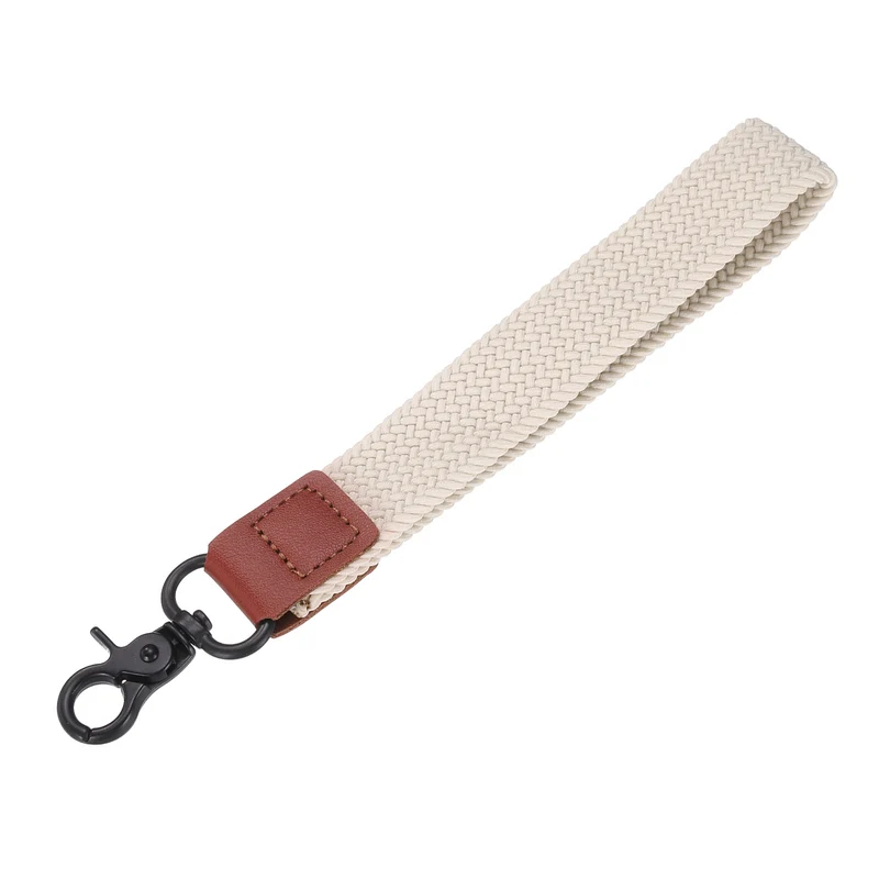 Wrist Lanyard Keychain, Braided Wristlet Strap with Black Clasp, Beige