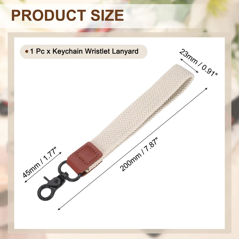 Wrist Lanyard Keychain, Braided Wristlet Strap with Black Clasp, Beige