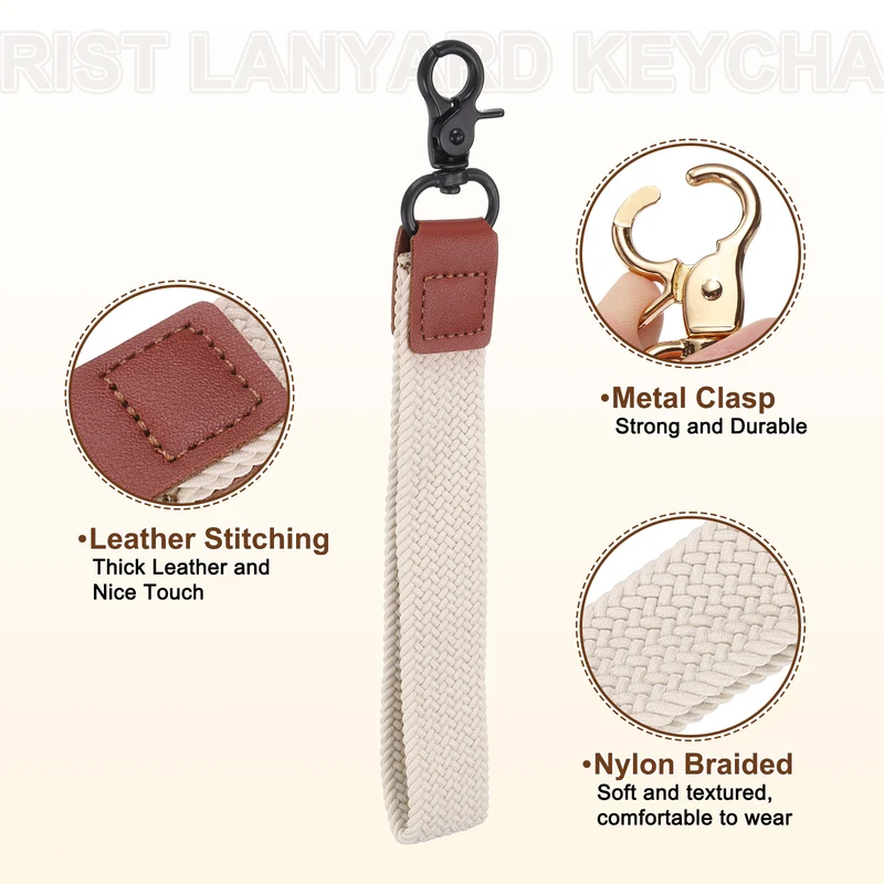 Wrist Lanyard Keychain, Braided Wristlet Strap with Black Clasp, Beige