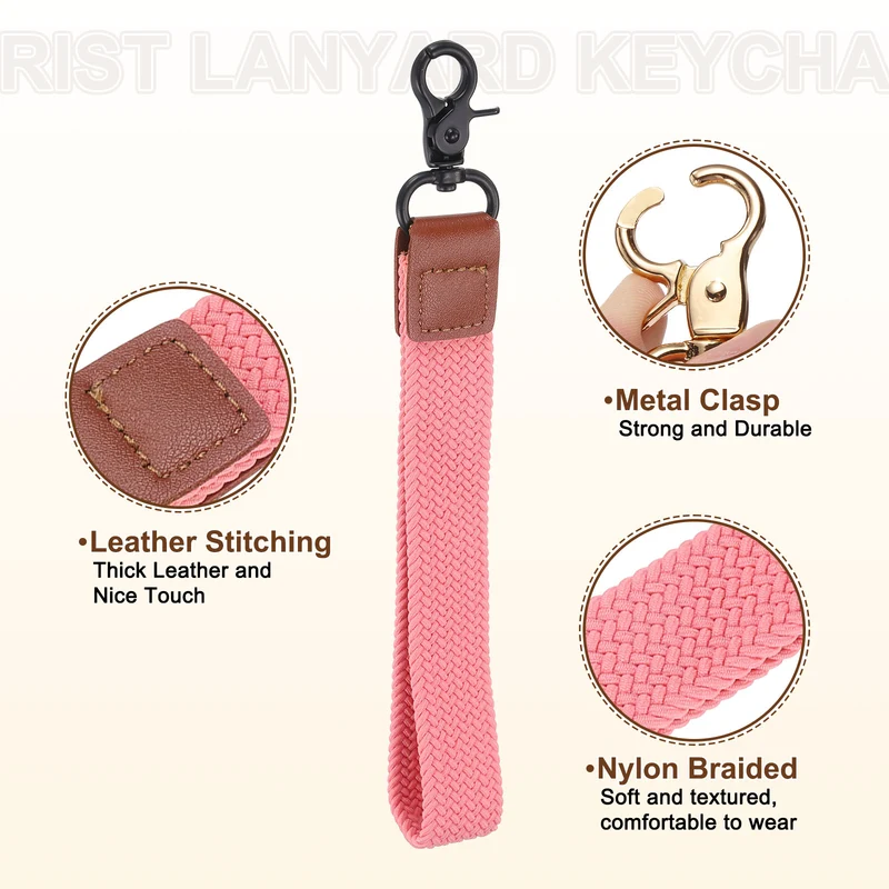 Wrist Lanyard Keychain, Braided Wristlet Strap with Black Clasp, Pink
