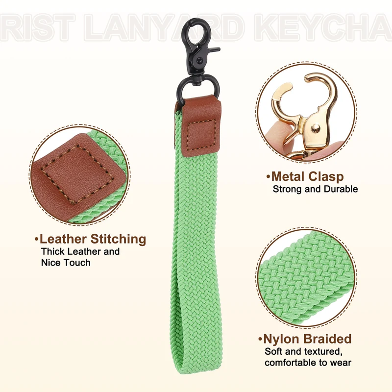 Wrist Lanyard Keychain, Braided Wristlet Strap with Black Clasp, Green