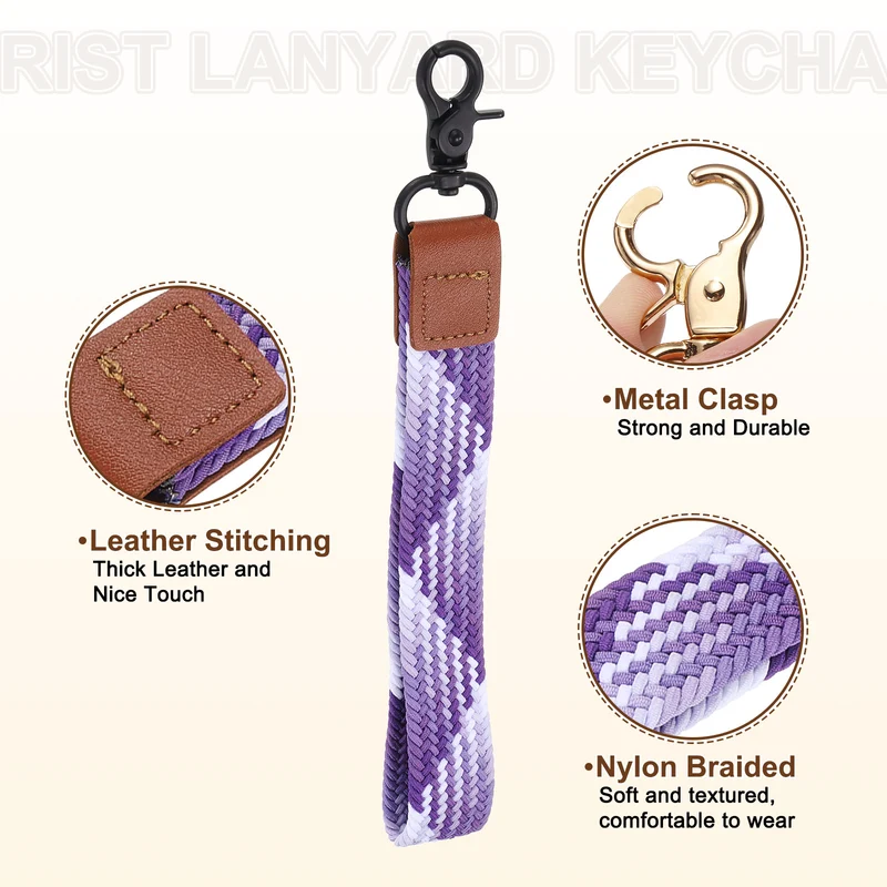 Wrist Lanyard Keychain, Braided Wristlet Strap with Black Clasp, Gradient Purple