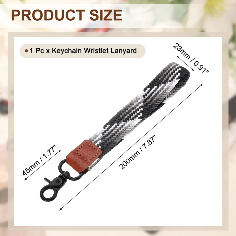 Wrist Lanyard Keychain, Braided Wristlet Strap with Black Clasp, Gray White