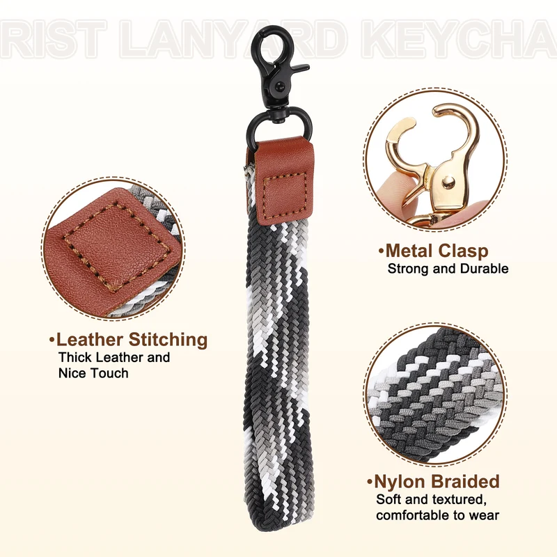Wrist Lanyard Keychain, Braided Wristlet Strap with Black Clasp, Gray White