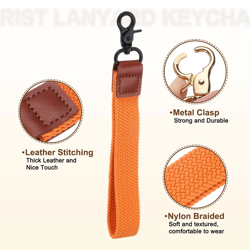Wrist Lanyard Keychain Braided Wristlet Strap with Black Clasp Orange