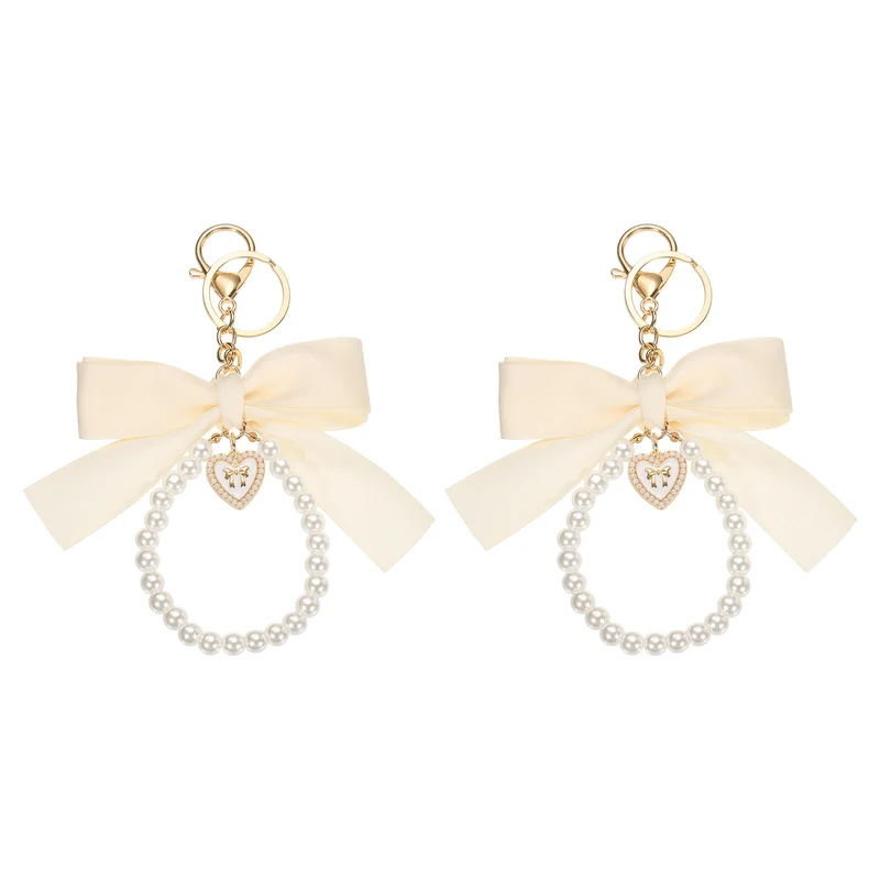 2Pcs Ribbon Bow Keychain Pearl Wristlet Keychain Heart Pendant, Beige