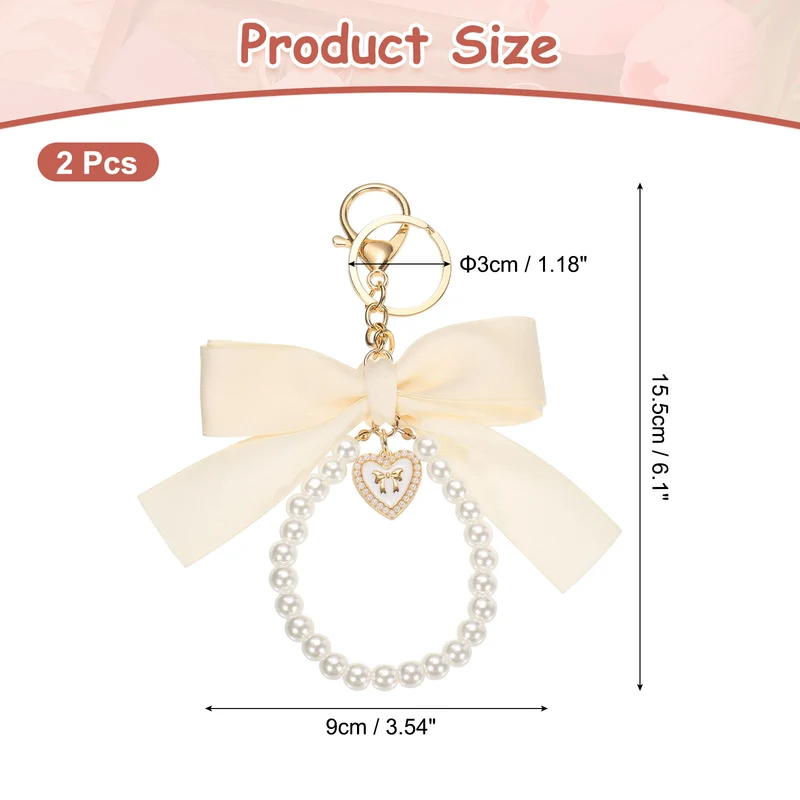 2Pcs Ribbon Bow Keychain Pearl Wristlet Keychain Heart Pendant, Beige