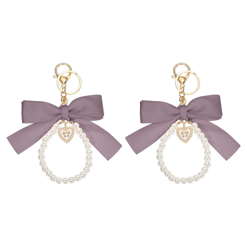 2Pcs Ribbon Bow Keychain Pearl Wristlet Keychain Heart Pendant, Purple