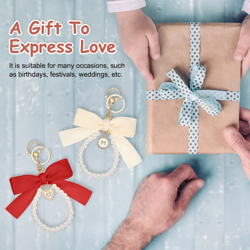2Pcs Ribbon Bow Keychain Pearl Wristlet Keychain Heart Pendant, Purple