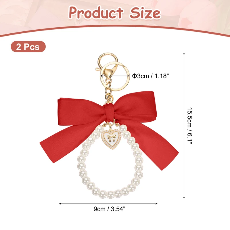 2Pcs Ribbon Bow Keychain Pearl Wristlet Keychain Heart Pendant, Red