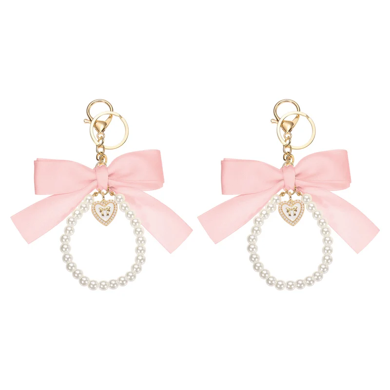 2Pcs Ribbon Bow Keychain Pearl Wristlet Keychain Heart Pendant, Light Pink