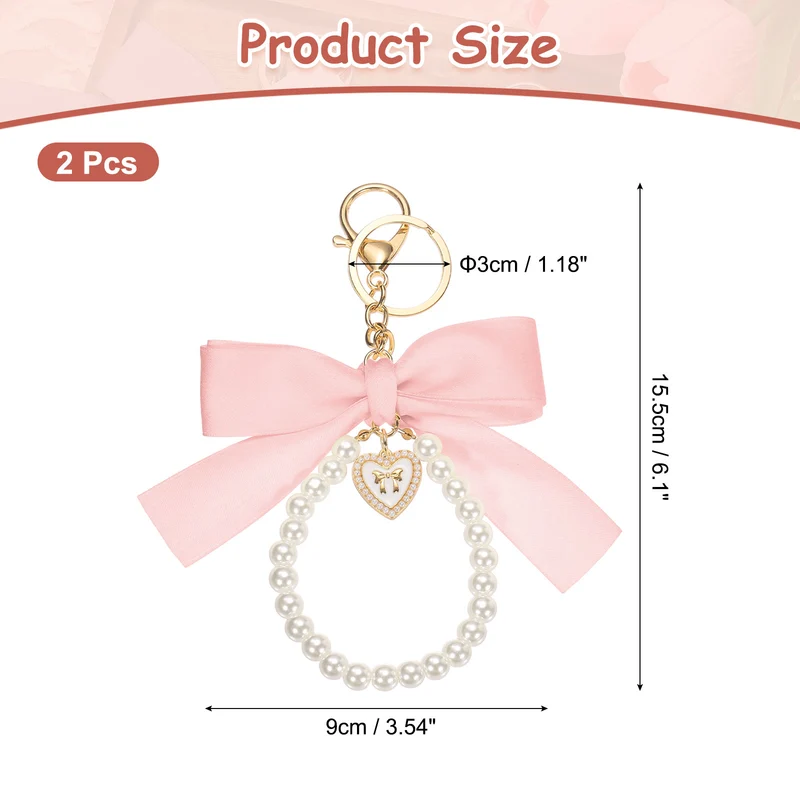 2Pcs Ribbon Bow Keychain Pearl Wristlet Keychain Heart Pendant, Light Pink