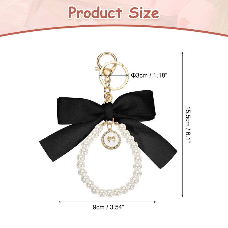 Ribbon Bow Keychain, Cute Pearl Wristlet Keychain Bow Charm, Black