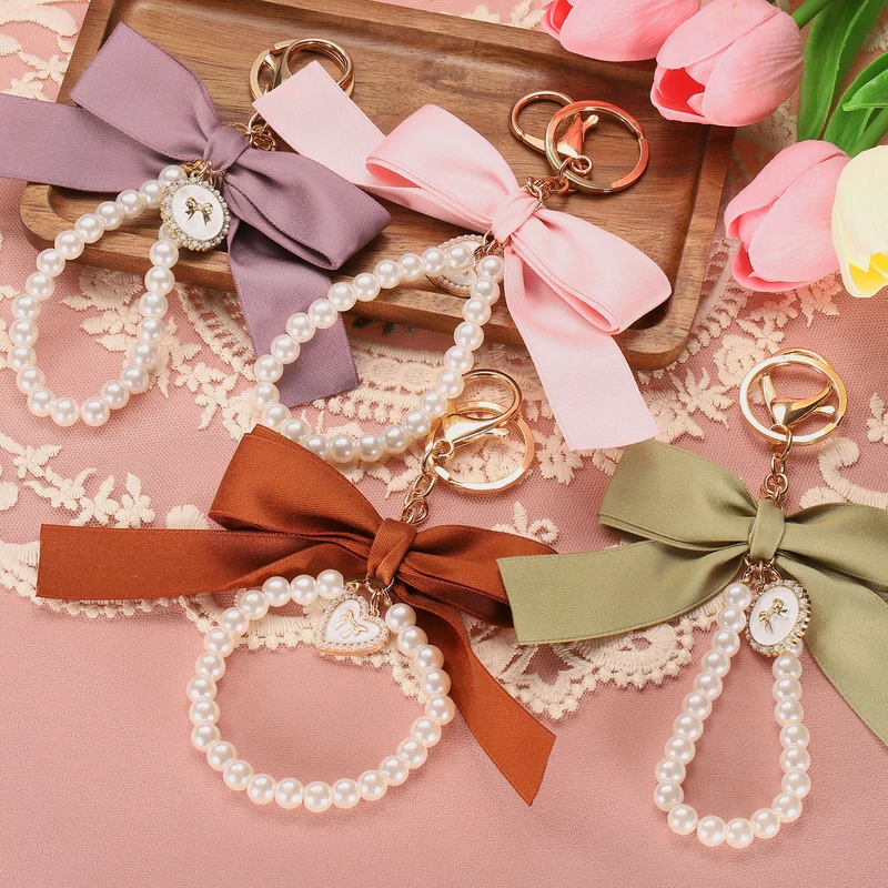 Ribbon Bow Keychain, Cute Pearl Wristlet Keychain Bow Charm, Black
