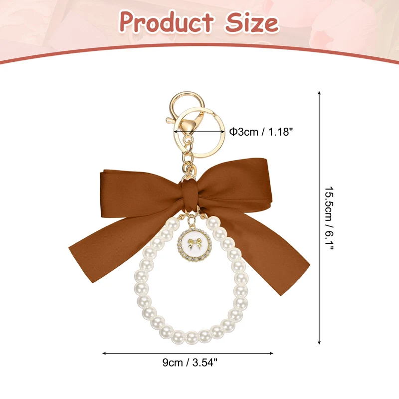 Ribbon Bow Keychain, Cute Pearl Wristlet Keychain Bow Charm, Bronze Gold