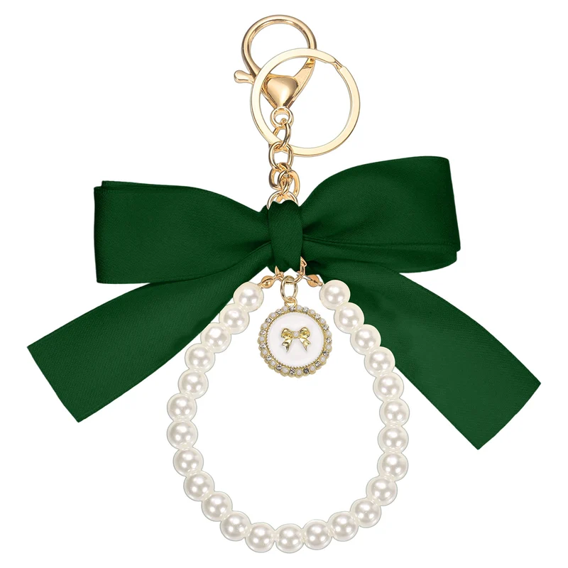Ribbon Bow Keychain, Cute Pearl Wristlet Keychain Bow Charm, Green