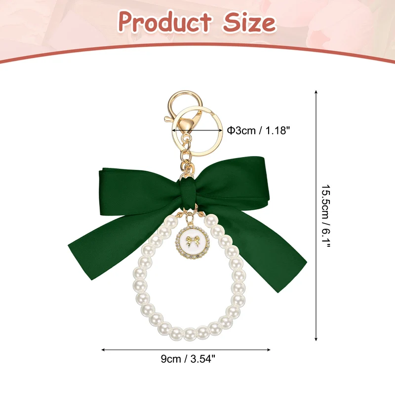 Ribbon Bow Keychain, Cute Pearl Wristlet Keychain Bow Charm, Green