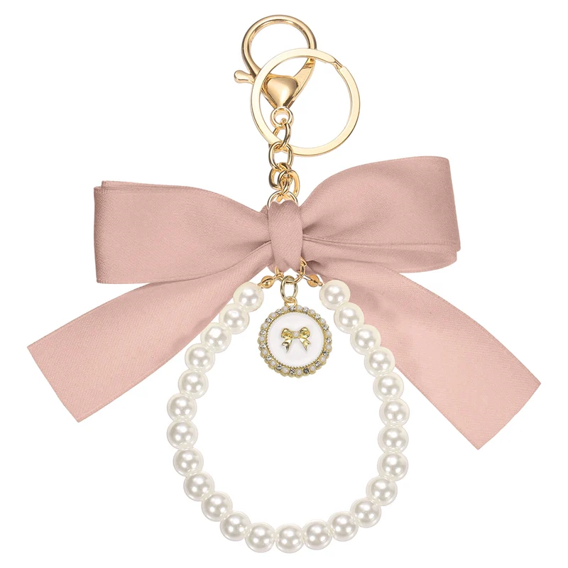 Ribbon Bow Keychain, Cute Pearl Wristlet Keychain Bow Charm, Pink