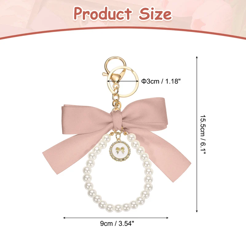 Ribbon Bow Keychain, Cute Pearl Wristlet Keychain Bow Charm, Pink