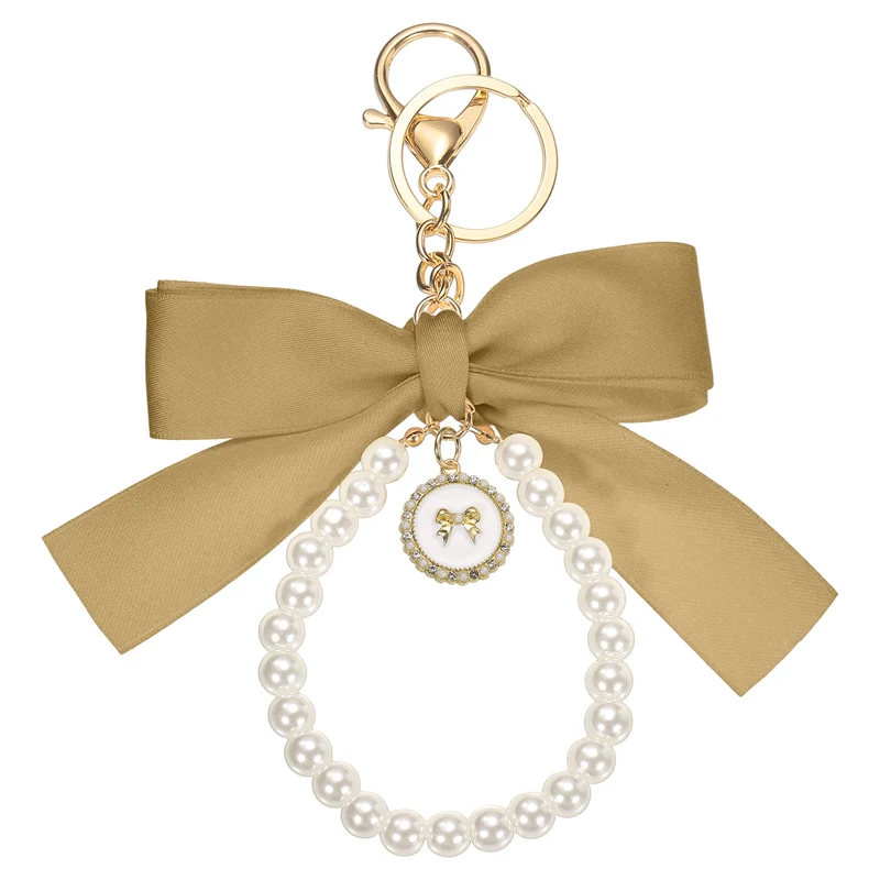 Ribbon Bow Keychain, Cute Pearl Wristlet Keychain Bow Charm, Champagne Gold