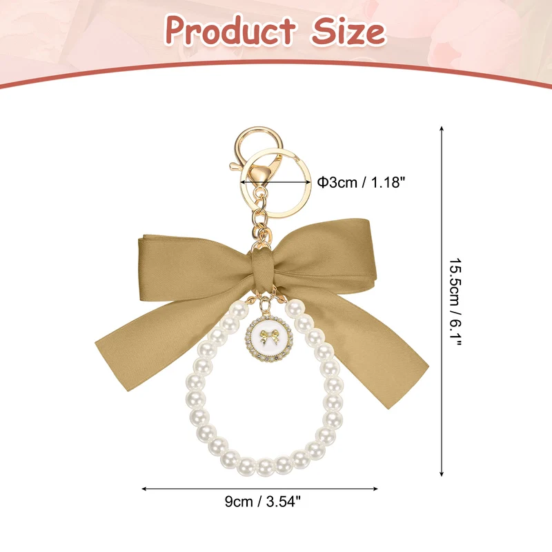 Ribbon Bow Keychain, Cute Pearl Wristlet Keychain Bow Charm, Champagne Gold