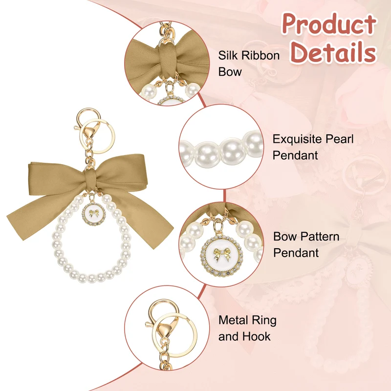 Ribbon Bow Keychain, Cute Pearl Wristlet Keychain Bow Charm, Champagne Gold