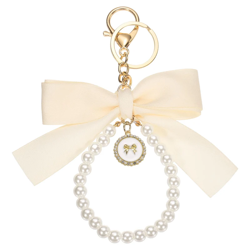 Ribbon Bow Keychain, Cute Pearl Wristlet Keychain Bow Charm, Beige